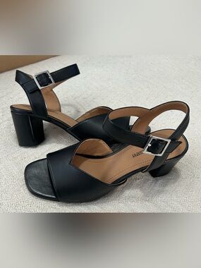 Johnston & Murphy Evelyn Heeled Sandals Black Glove leather Ankle Strap Size 6M